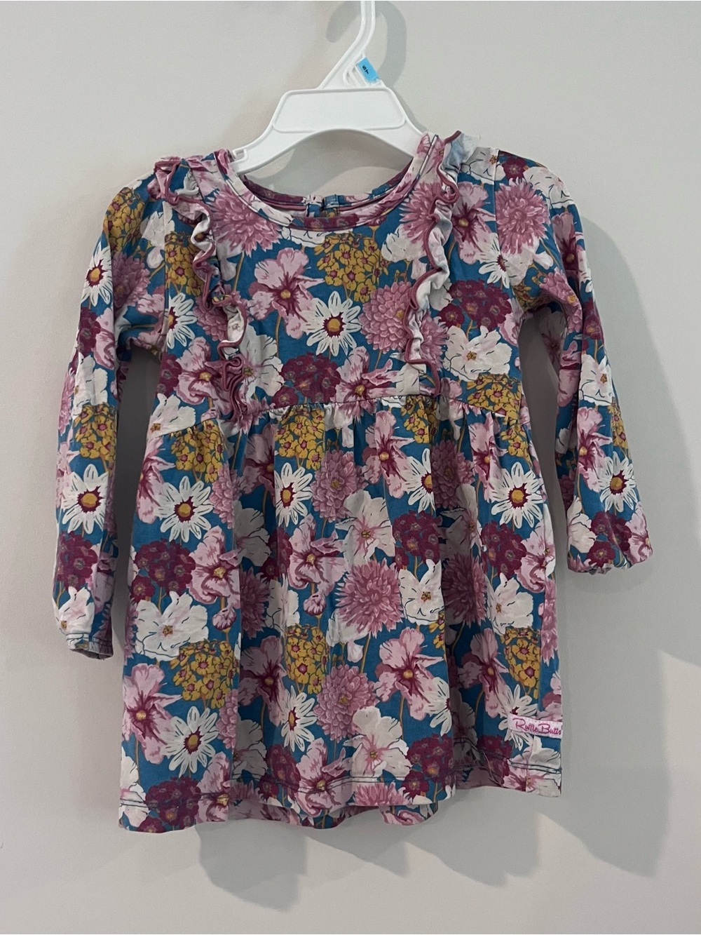 Ruffle Butts Toddler Girls Blue Floral Ruffle-Front Long Sleeve Dress 3T
